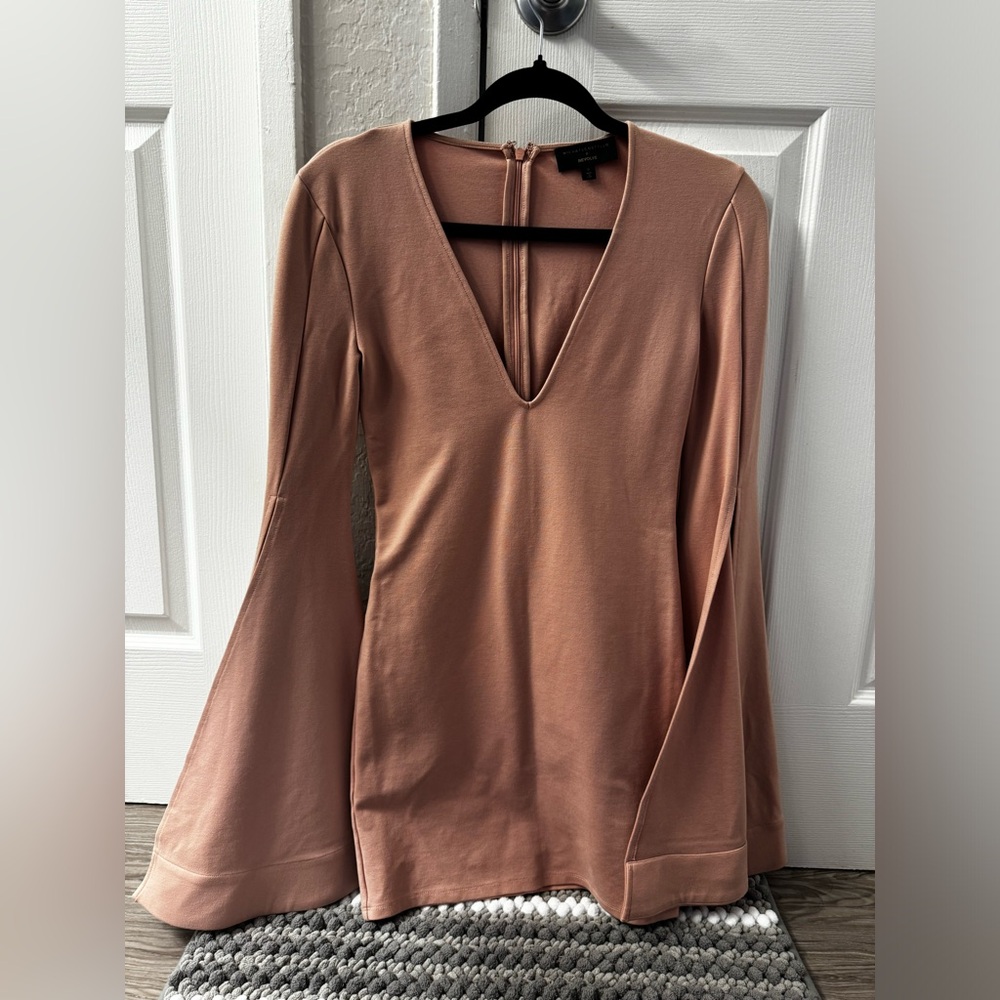 Blush Flare-Sleeve Deep V Mini Dress, Michael Costello x Revolve, size Small